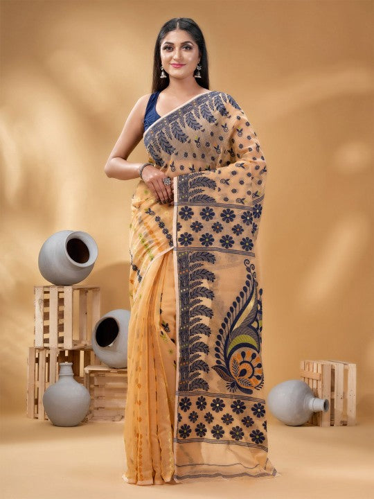 Exquisite Pure Cotton Handloom Jamdani Saree with Woven Design Border for Women