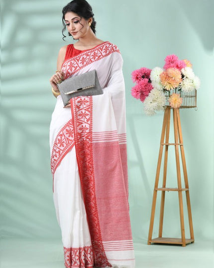 DESH BIDESH Women's White & Red Floral Handloom Saree with Printed Border