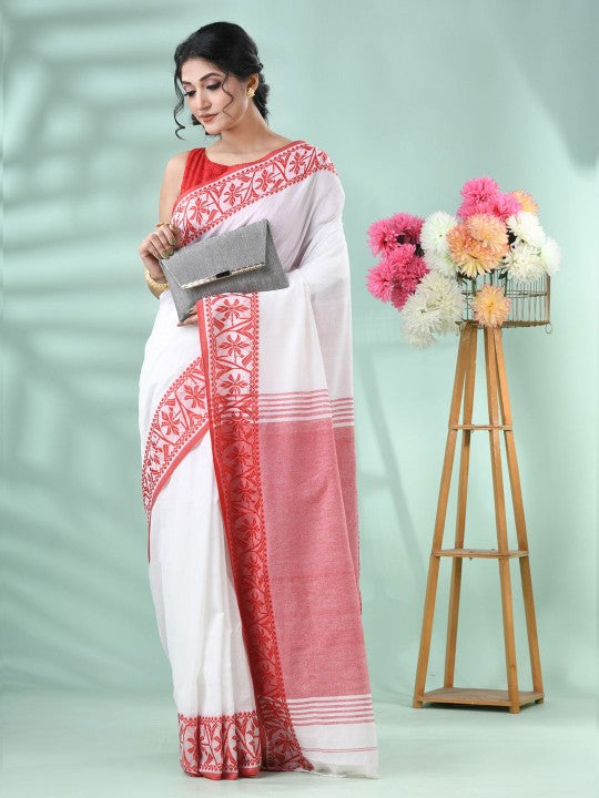 DESH BIDESH Women's White & Red Floral Handloom Saree with Printed Border