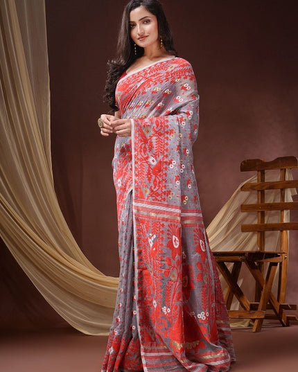 DESH BIDESH Pure Cotton Handloom Jamdani Saree with Ethnic Motifs