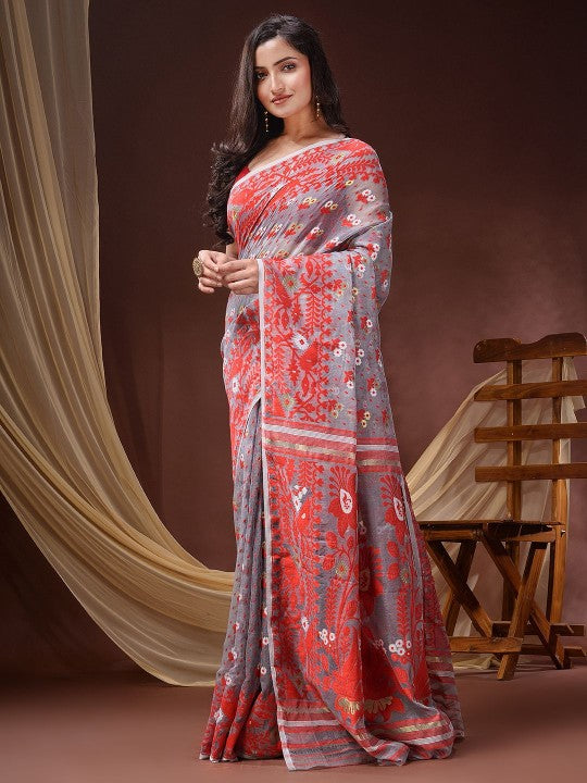 DESH BIDESH Pure Cotton Handloom Jamdani Saree with Ethnic Motifs