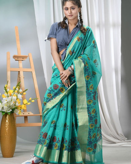DESH BIDESH Floral Printed Saree with Zari Border and Unstitched Blouse Piece