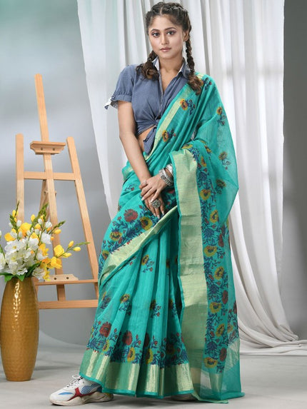 DESH BIDESH Floral Printed Saree with Zari Border and Unstitched Blouse Piece
