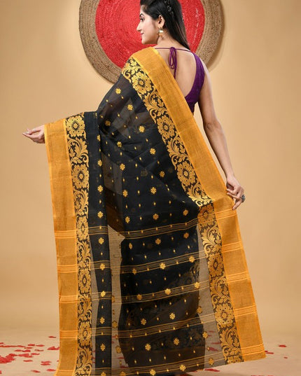 DESH BIDESH Black & Yellow Pure Cotton Taant Saree with Ethnic Woven Motifs