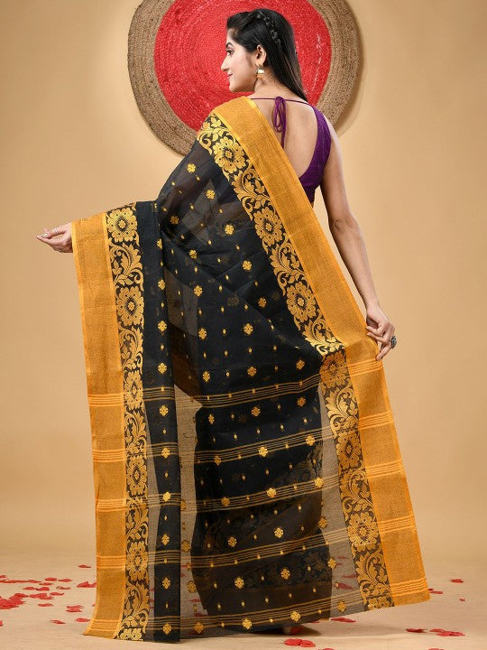 DESH BIDESH Black & Yellow Pure Cotton Taant Saree with Ethnic Woven Motifs