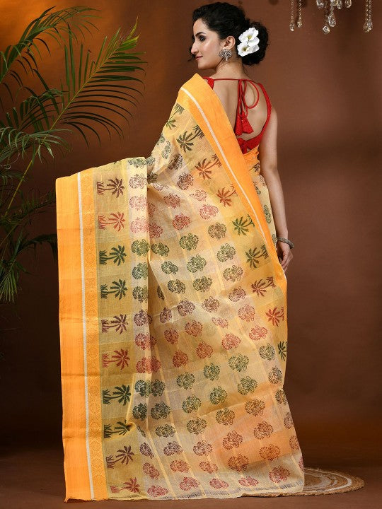 DESH BIDESH Paisley Pure Cotton Handloom Block Print Saree for Women