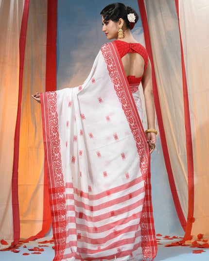 Exquisite Red & White Woven Design Paisley Taant Saree with Unstitched Blouse Piece