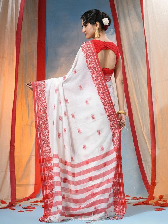 Exquisite Red & White Woven Design Paisley Taant Saree with Unstitched Blouse Piece