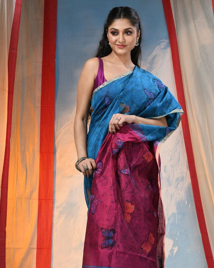 DESH BIDESH Elegant Blue & Purple Abstract Printed Festive Saree with Unstitched Blouse