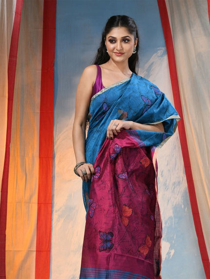 DESH BIDESH Elegant Blue & Purple Abstract Printed Festive Saree with Unstitched Blouse