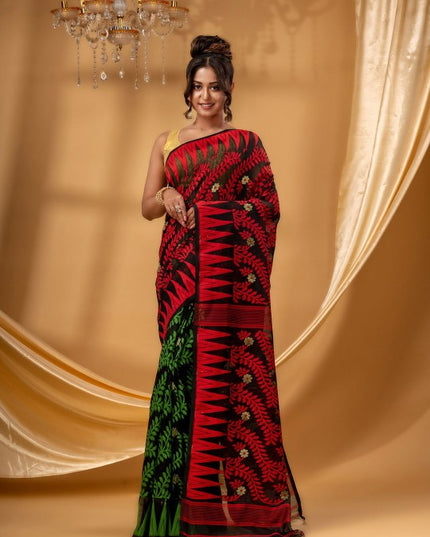 Exquisite DESH BIDESH Pure Cotton Jamdani Saree - Woven Tamarind Leaf Design