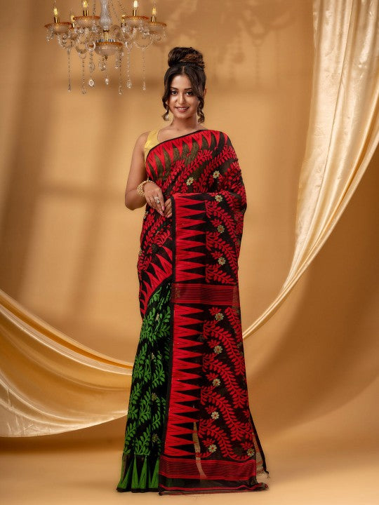 Exquisite DESH BIDESH Pure Cotton Jamdani Saree - Woven Tamarind Leaf Design