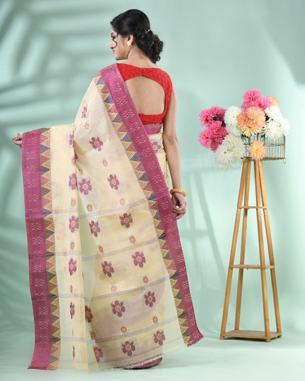 DESH BIDESH Magenta and Cream Woven Design Pure Cotton Saree for Women