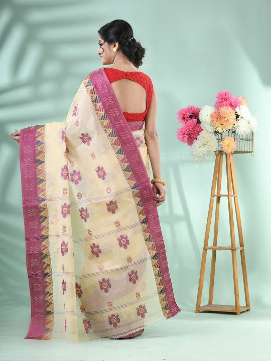 DESH BIDESH Magenta and Cream Woven Design Pure Cotton Saree for Women