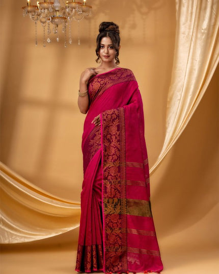 DESH BIDESH Women Red Zari Silk Cotton Handloom Chanderi Saree