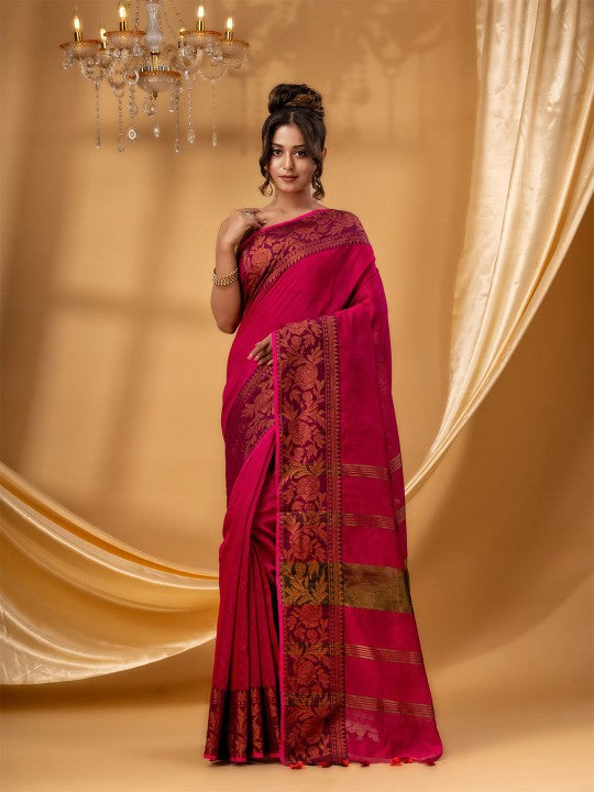 DESH BIDESH Women Red Zari Silk Cotton Handloom Chanderi Saree