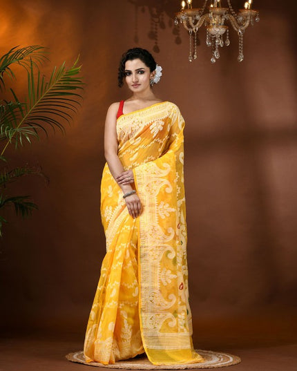 Exquisite Yellow Jamdani Saree with Woven Zari Design, Cotton Blend