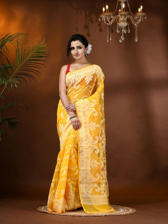 Exquisite Yellow Jamdani Saree with Woven Zari Design, Cotton Blend