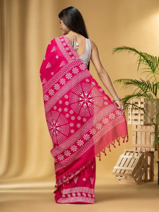 DESH BIDESH Pink & White Paisley Pure Cotton Designer Taant Saree for Women