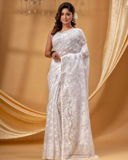 DESH BIDESH Exquisite Woven Design Pure Cotton Jamdani Saree for Women