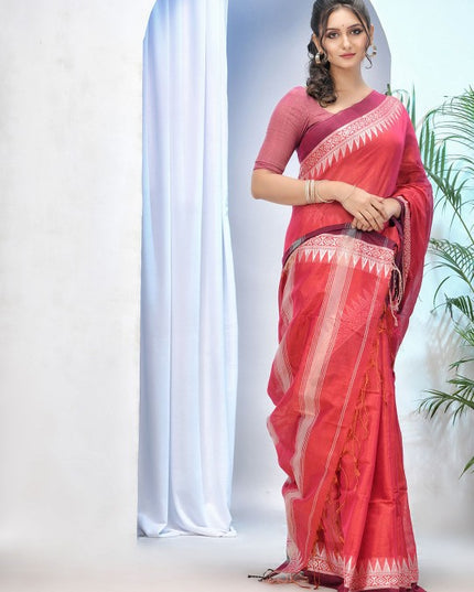 Exquisite Red & White Woven Design Tissue Handloom Saree with Unstitched Blouse Piece