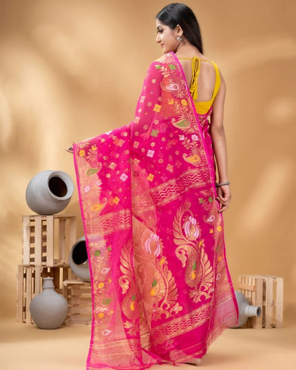 Exquisite Pink Gold-Toned Jamdani Saree with Woven Zari Design Border