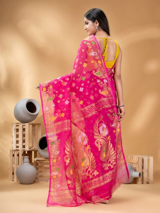 Exquisite Pink Gold-Toned Jamdani Saree with Woven Zari Design Border