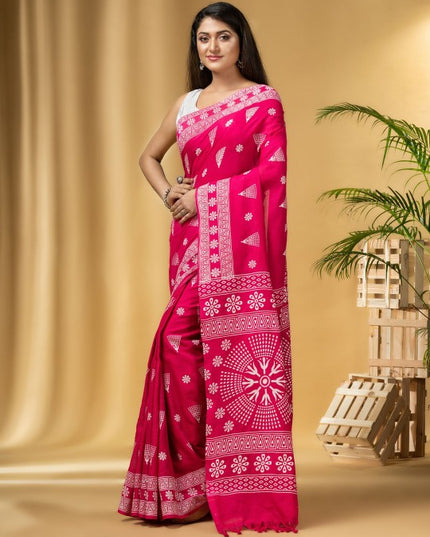 DESH BIDESH Pink & White Paisley Pure Cotton Designer Taant Saree for Women