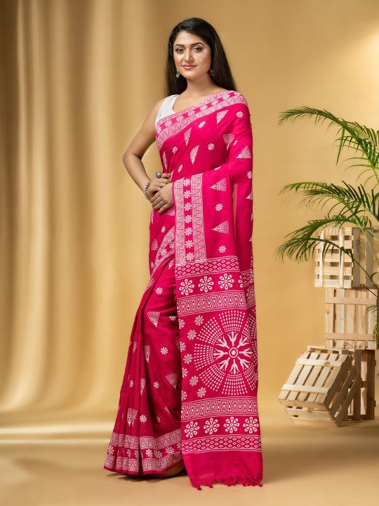 DESH BIDESH Pink & White Paisley Pure Cotton Designer Taant Saree for Women