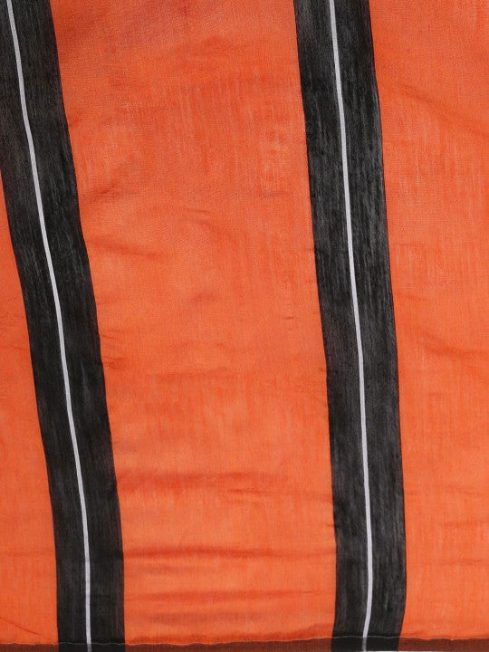 Exquisite Striped Silk Cotton Saree in Orange and Black with Solid Border