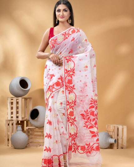 Elegant Pure Cotton Jamdani Saree with Woven Zari Design, Red & White
