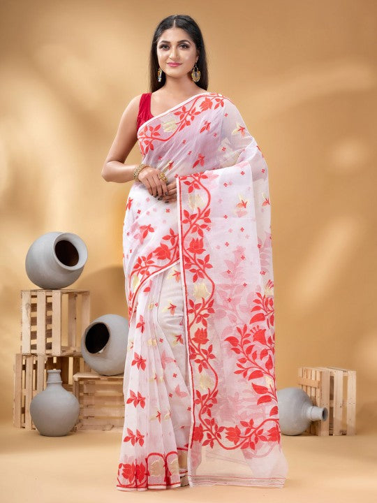 Elegant Pure Cotton Jamdani Saree with Woven Zari Design, Red & White