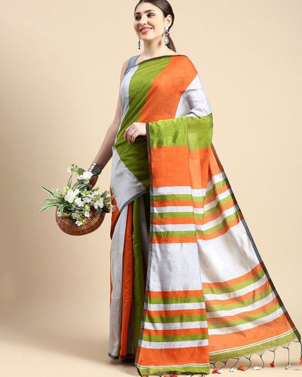 DESH BIDESH Orange and White Striped Silk Cotton Saree with Unstitched Blouse Piece