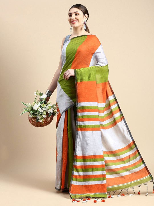DESH BIDESH Orange and White Striped Silk Cotton Saree with Unstitched Blouse Piece