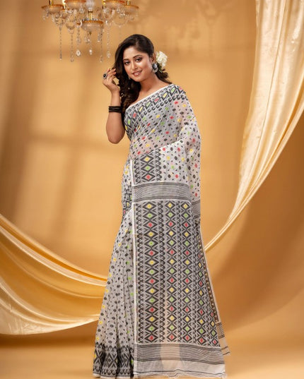 DESH BIDESH Pure Cotton Jamdani Saree with Geometric Woven Design