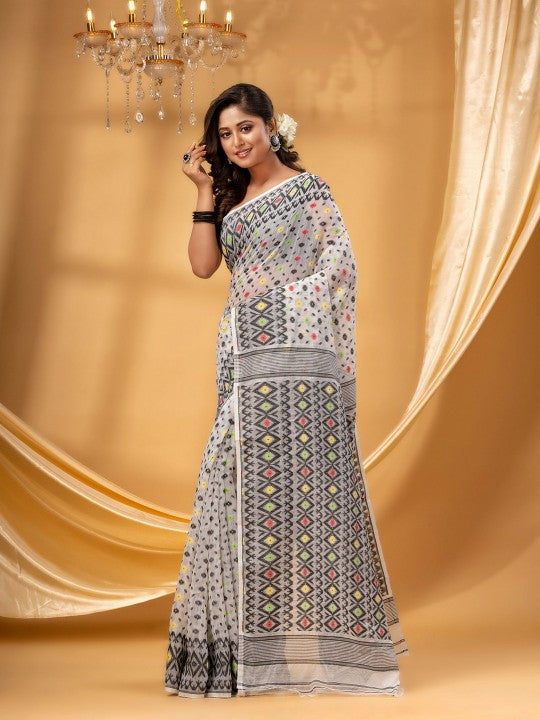 DESH BIDESH Pure Cotton Jamdani Saree with Geometric Woven Design