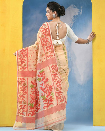 Exquisite Cream and Red Jamdani Saree with Ethnic Motifs and No Border