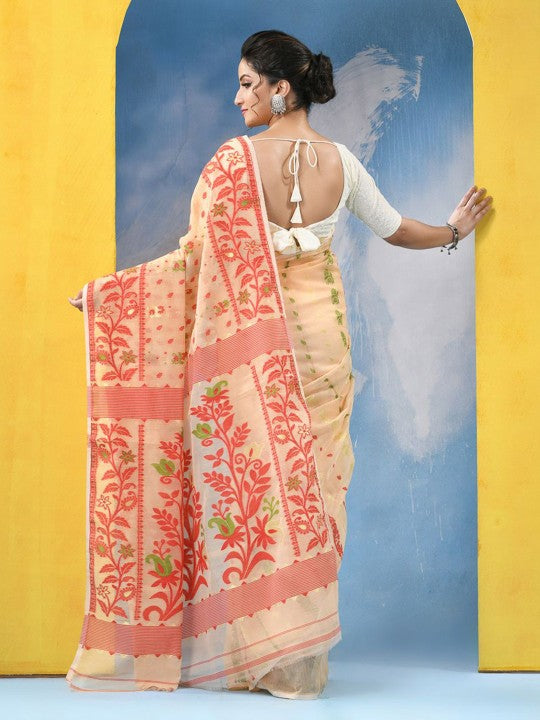 Exquisite Cream and Red Jamdani Saree with Ethnic Motifs and No Border