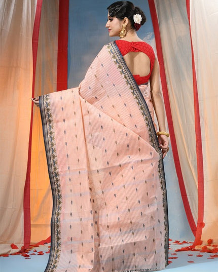 Exquisite Peach Pure Cotton Saree with Woven Border, Lightweight and Elegant