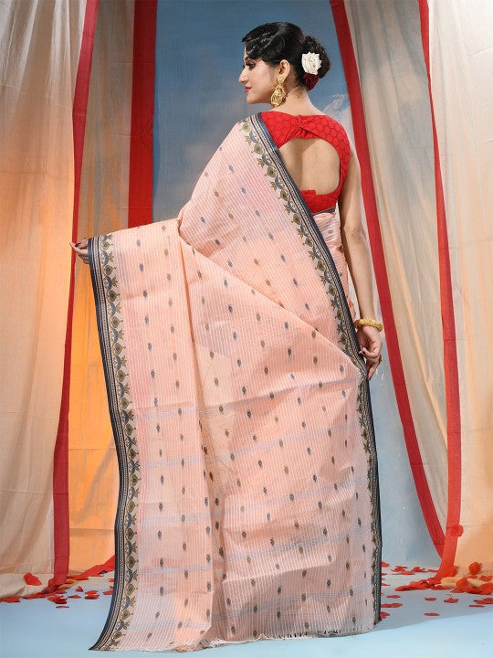 Exquisite Peach Pure Cotton Saree with Woven Border, Lightweight and Elegant