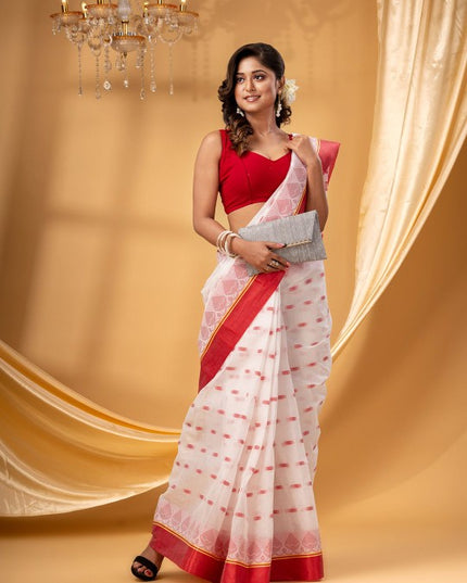 DESH BIDESH Women's Exquisite White & Red Zari Woven Pure Cotton Taant Saree