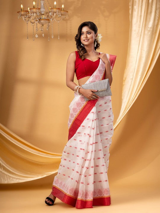 DESH BIDESH Women's Exquisite White & Red Zari Woven Pure Cotton Taant Saree