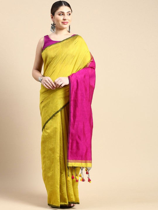 Exquisite Colourblocked Silk Cotton Saree in Olive Green and Pink