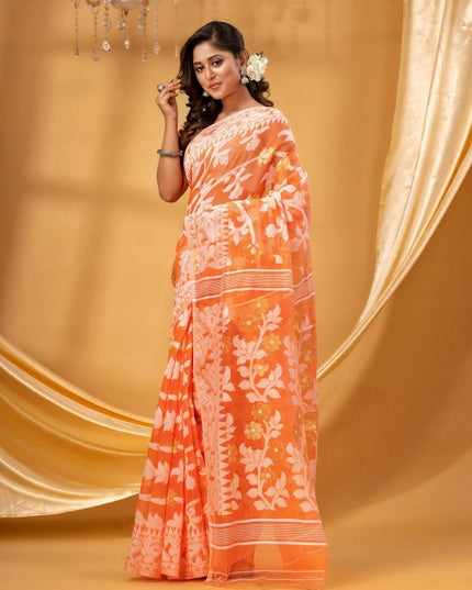 DESH BIDESH Floral Woven Design Pure Cotton Handloom Jamdani Saree