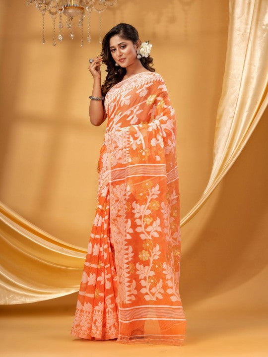 DESH BIDESH Floral Woven Design Pure Cotton Handloom Jamdani Saree