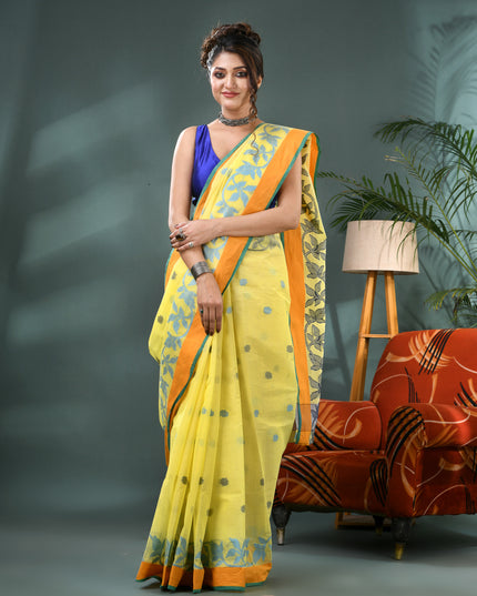Yellow Pure Cotton Handloom Botanic Design Tant Saree (No Blouse Piece)