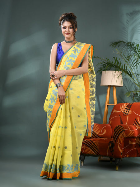 Yellow Pure Cotton Handloom Botanic Design Tant Saree (No Blouse Piece)