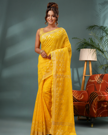 Women's Handloom Cotton Silk Saree - Flowing Leaves Design Saree