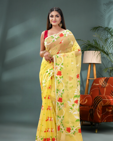 Women’s Kaveri Flower Design Dhakai Jamdani Bengal Pure Cotton Handloom Saree – Without Blouse Piece
