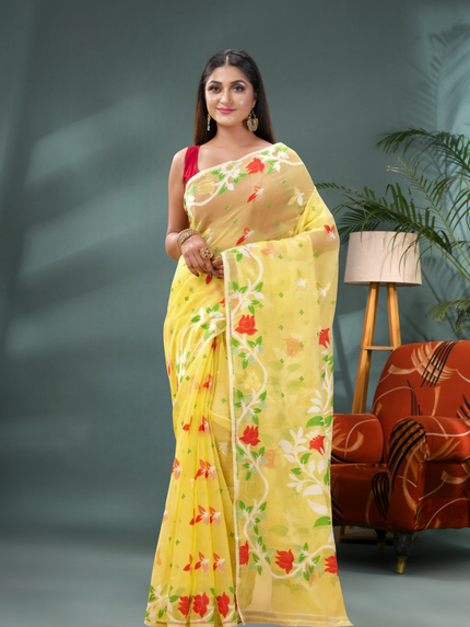 Women’s Kaveri Flower Design Dhakai Jamdani Bengal Pure Cotton Handloom Saree – Without Blouse Piece